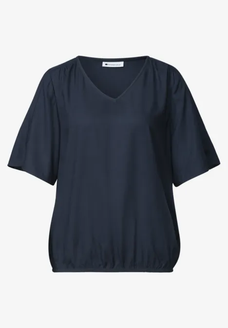 Dunkelblaue V-Ausschnitt-Bluse mit kurzen Ärmeln und elastischem Bund.