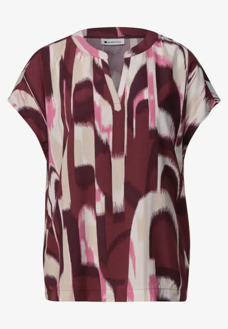 Blusenshirt mit Split Neck und Leo-Muster rustic rouge Kurzärmlige Bluse mit abstraktem Muster in Burgunder, Beige und Pink