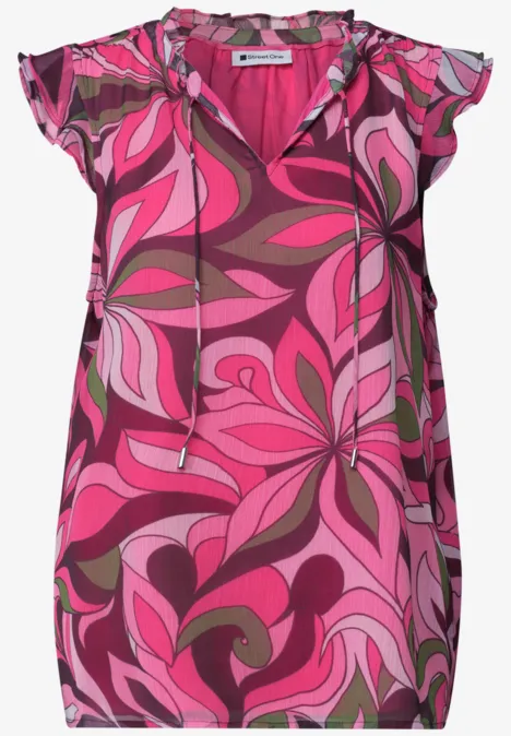 Pink-braun gemusterte Bluse mit kurzen Ärmeln und Rüschen, florales Design