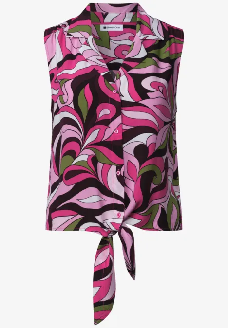 Ärmellose Bluse mit Knotenbund und abstraktem Blumenmuster in Pink, Grün und Schwarz.