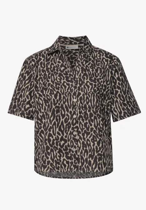 Kort mouwhemd met abstract beige-zwart dessin.