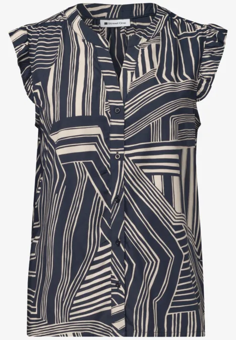 Blouse met korte mouwen, knoopsluiting en abstract zwart-wit strepenpatroon.