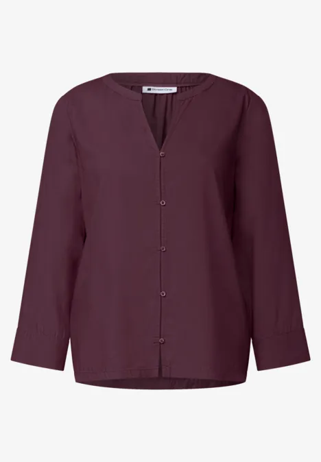 Blouse met 3/4-mouwen en split in de hals rustic rouge Damesblouse bordeaux met V-hals, lange mouwen en knoopsluiting.