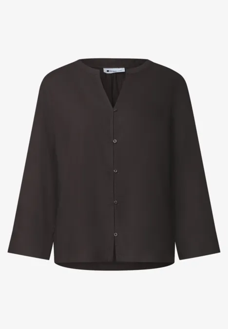 Schwarze langärmelige Bluse mit Knopfleiste und V-Ausschnitt, schlicht und elegant.