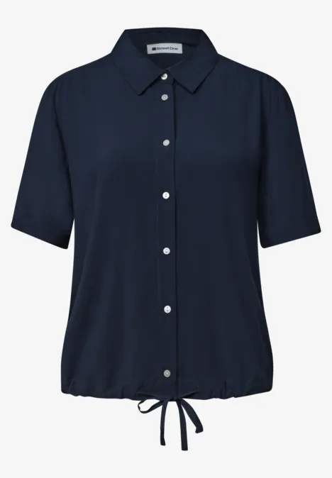 Overhemd met korte mouwen in effen kleur darkest blue Dunkelblaue Kurzarm-Bluse mit Knopfleiste und Kordelzug am Saum.