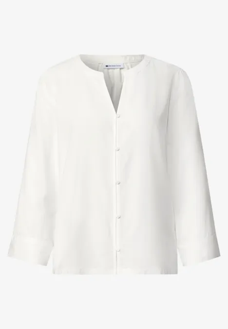 Blouse met 3/4-mouwen en split in de hals off white Schlichte weiße Bluse mit langen Ärmeln, Knopfleiste und V-Ausschnitt