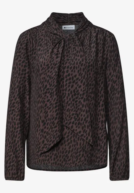 Langarm Bluse mit Schleifendetail molten earth Damenbluse mit dunkelbraunem Animal-Print und Schleifenkragen, langärmlig.
