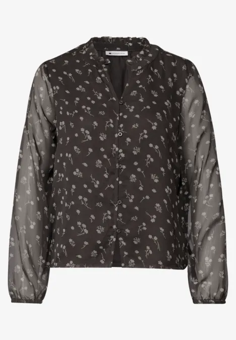 Langarm Chiffon-Bluse mit Split Neck black coffee Schwarze Bluse mit Knöpfen, kleinen weißen Blumen und transparenten langen Ärmeln.