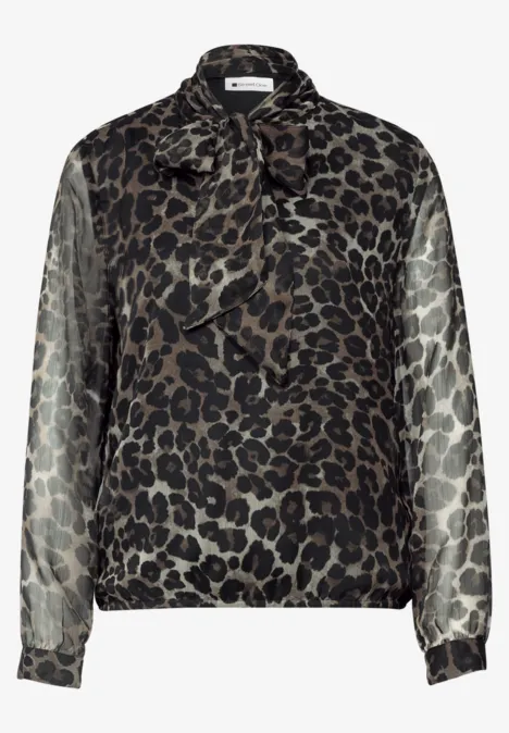 Langarm Chiffon-Bluse mit Schleifendetail Black Damenbluse mit Leopardenmuster und Schleifenkragen, lange Ärmel, eleganter und trendiger Stil.