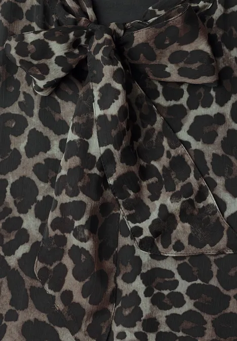 Langarm Chiffon-Bluse mit Schleifendetail Black Dunkelbrauner Leopardendruck auf Stoff mit Knotenband in der Taille.