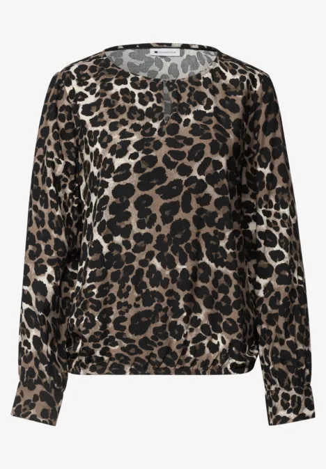 Damen-Bluse mit elastischem Saum, lange Ärmel und braun-schwarzem Leopardenmuster
