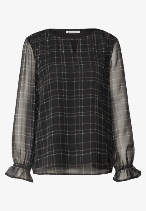 Schwarze, transparente Chiffon-Bluse mit feinem Karomuster und zarten Rüschen an den Ärmeln.