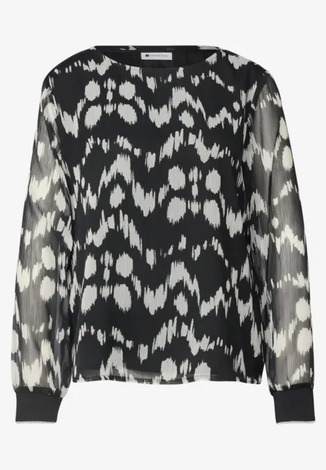 Chiffon Bluse mit Rundhals und Muster Black Schwarz-weiße Bluse mit abstraktem Muster, Chiffonärmel und Rundhalsausschnitt