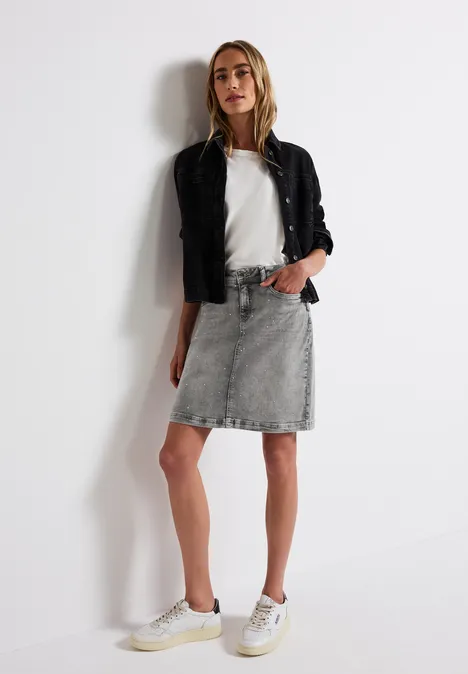 Jeansrock mit Schmucksteinen Light Grey Washed