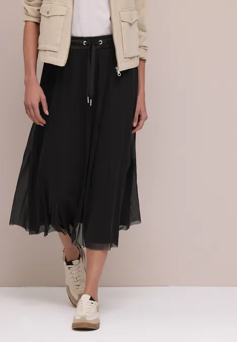 Jupe midi en mesh à structure plissée Black