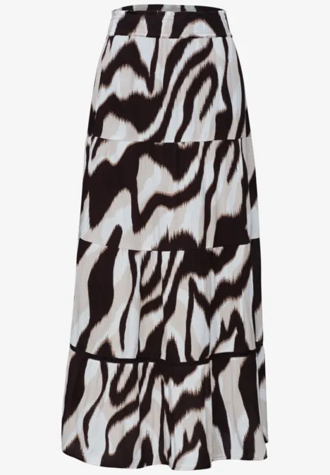 Lange rok met zwart-witte dierenprint, hoge taille en vloeiende pasvorm