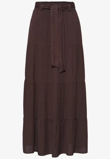 Maxi-Rock mit Volants und Gürteldetail espresso brown