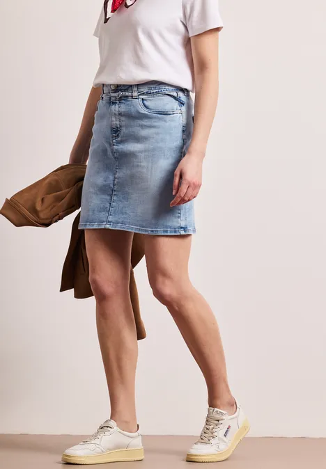 Knielange denim rok met riemdetail Bleach Random washed