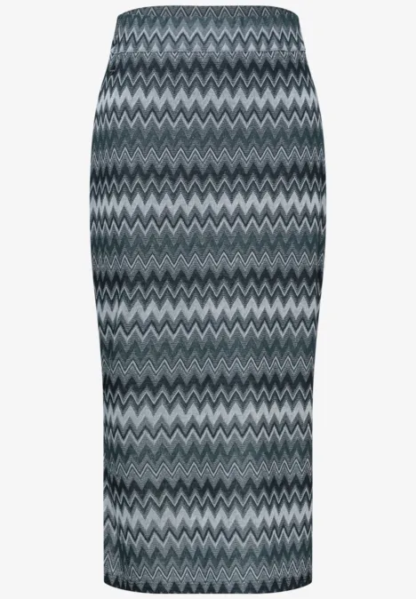 Taillierter Bleistiftrock mit grauem Zickzackmuster in Midilänge.
