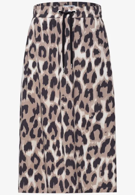 Knielanger Rock mit Leopardenmuster, elastischem Bund und Tunnelzug.