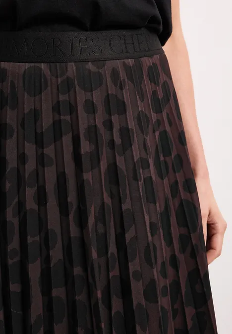 Bruine plissé midi-rok met zwarte stippen en elastische taille.