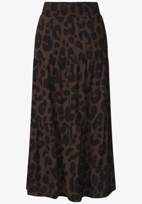 Brauner Midirock mit schwarzem Leopardenmuster,stufenförmig,elastischer Bund.