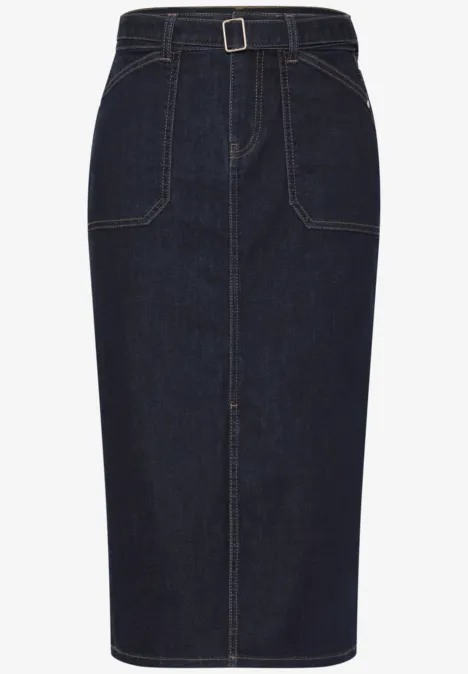 Dunkelblauer, knielanger Jeans-Bleistiftrock mit hoher Taille und aufgesetzten Fronttaschen.