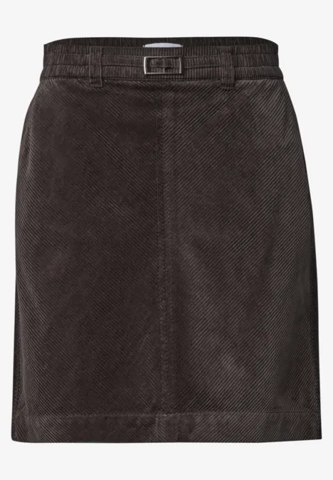 Donkere corduroy rok, rechte snit met brede tailleband en subtiele stiksels.