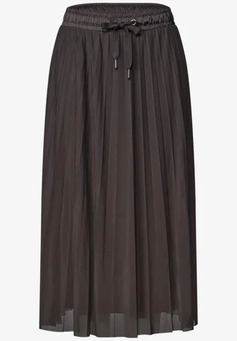 Midirok van mesh met plissé-structuur black coffee Schwarzer, midilanger Plisseerock mit elastischem Taillenbund, Kordelzug und transparentem Überstoff.