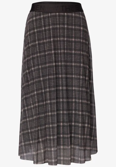 Jupe mi-longue plissée à motif carreaux gris avec taille élastique.