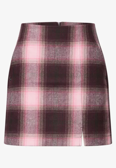 Eleganter karierter Minirock in Rosa und Schwarz mit seitlichem Schlitz, figurbetont und modern.