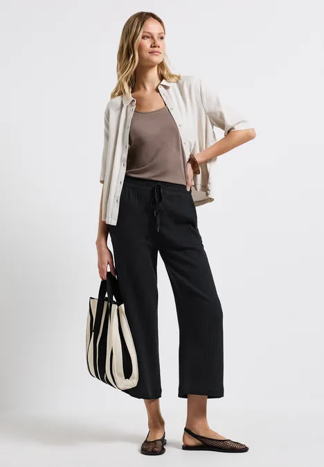 Musselin Wide Leg Hose Black