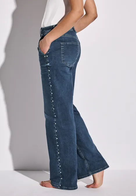 Wide Leg Jeans mit Nieten Dark Blue Wash