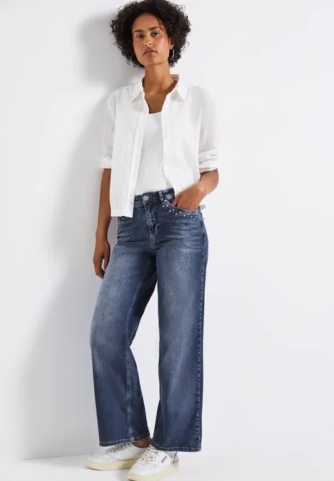 Wide Leg Jeans mit Nieten Mid Blue Soft Washed