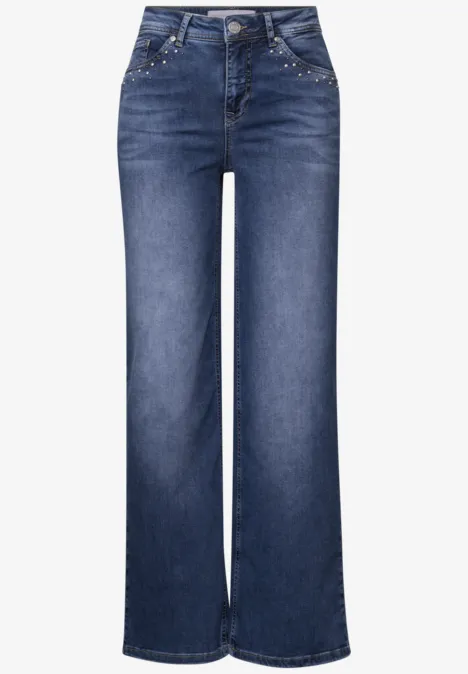 Wide Leg Jeans mit Nieten Mid Blue Soft Washed