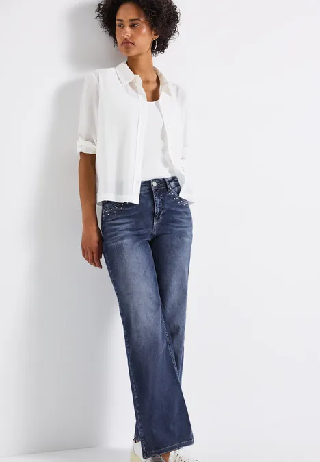 Wide Leg Jeans mit Nieten Mid Blue Soft Washed