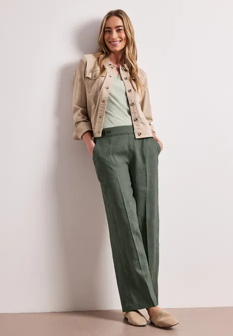 High Waist linnen broek met Wide Legs bound green