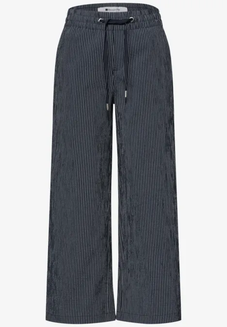 Weite, dunkelgraue Stoffhose mit Kordelzug und weitem Bein.