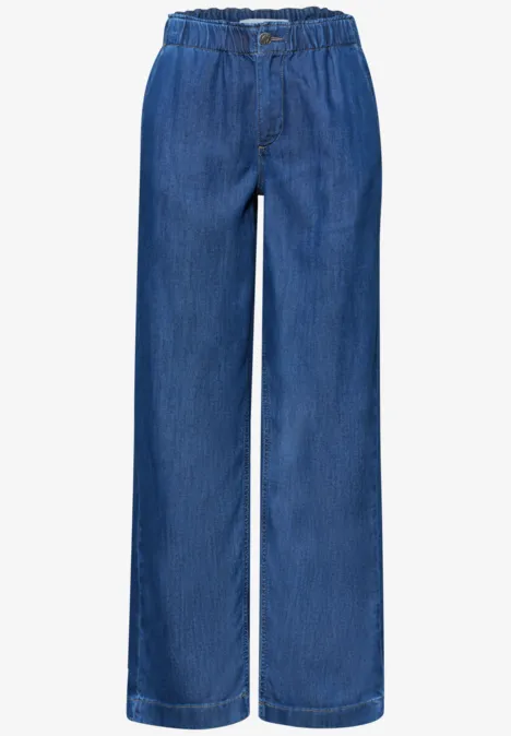 Blaue weite Jeanshose mit elastischem Bund und geradem Bein.