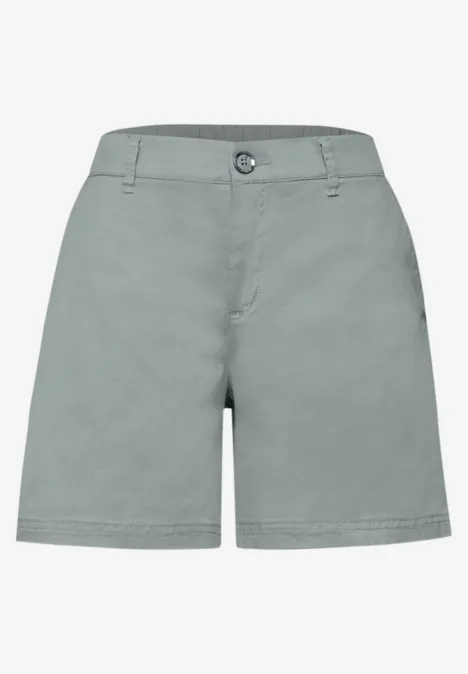 Grijsgroene short met knoop- en ritssluiting, ceintuurlussen en rechte pasvorm tot boven de knie