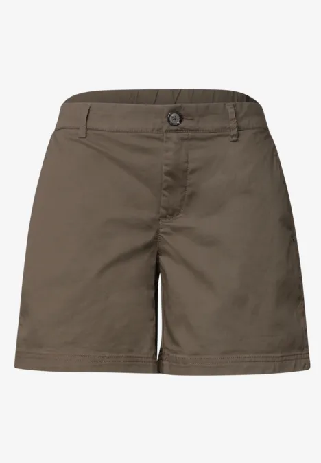 Kurze, olivbraune Baumwoll-Shorts mit Knopfverschluss und Gürtelschlaufen