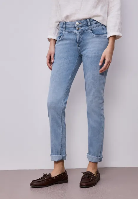Mid Waist Slim Leg Jeans mit Turn-Up light blue random wash