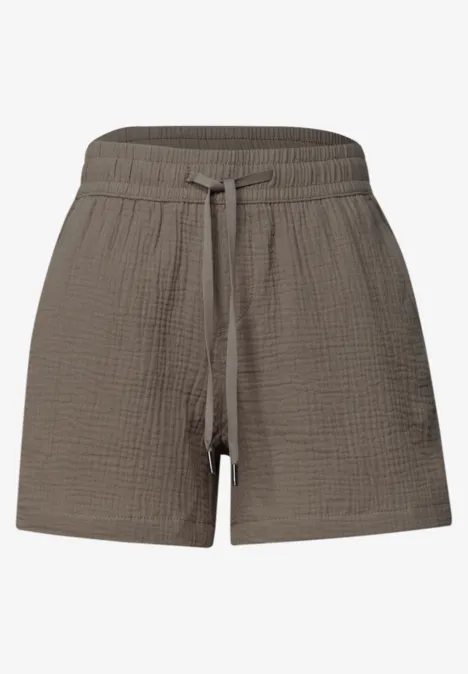 Braune leichte Shorts mit elastischem Bund und Tunnelzug, aus strukturierter Baumwolle.
