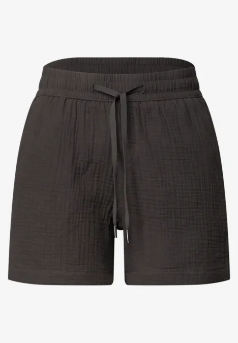 Lockere, schwarze Baumwoll-Shorts mit elastischem Bund und Kordelzug.