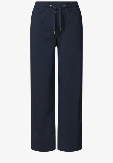 Dunkelblaue Sweatpants mit geradem Bein und Kordelzugbund.