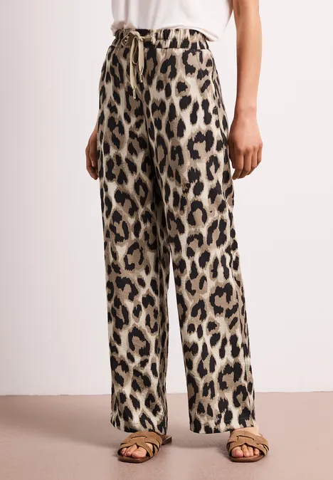 High Waist broek met Wide Legs en leoprint timeless beige