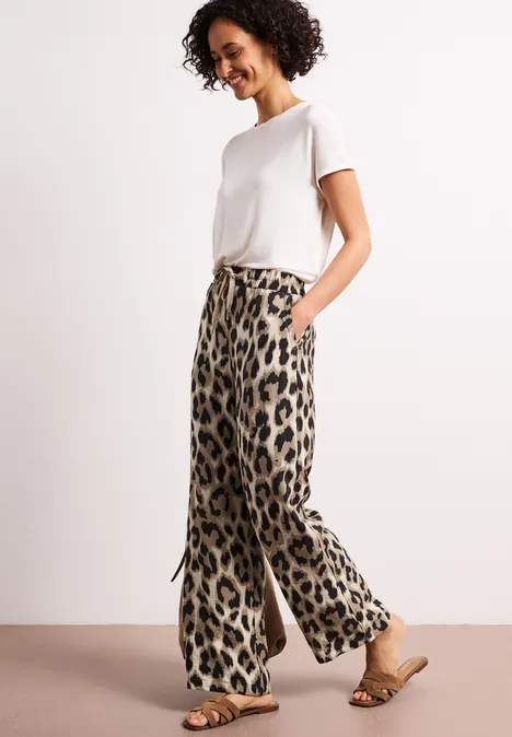 High Waist broek met Wide Legs en leoprint timeless beige