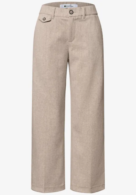 Pantalon Straight Leg, effet chiné fading sand Helle beige Leinenhose mit weitem Bein, Knopfverschluss und seitlichen Taschen.