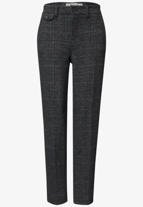 Elegante, dunkelgraue Damenhose mit feinem Karo, geradem Bein und schmaler Passform.