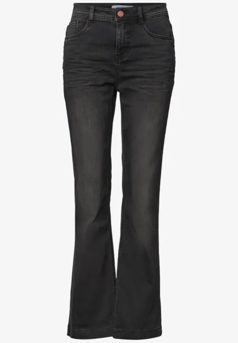 High Waist Bootcut Jeans im Slim Fit Black Washed Schwarze hochgeschnittene Jeans mit ausgestelltem Bein und Knopfverschluss.
